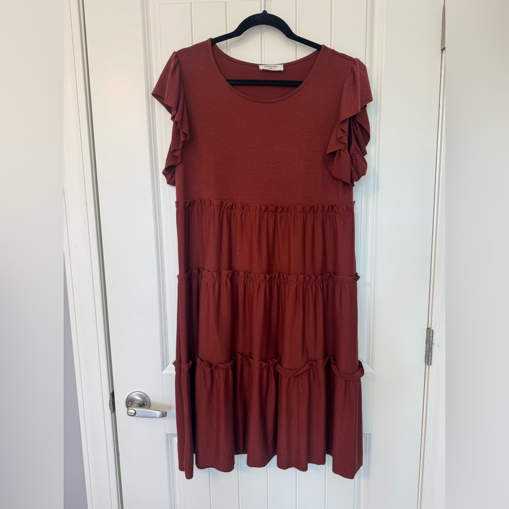 Zenana Outfitters Ruffled Midi Dress in Deep Brown/Red